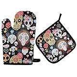 Topflappen Und Topflappen Set Von 2 Zuckerschädel Halloween Skelton Kopf Topfhandschuhe Mit Innere Baumwollschicht Backhandschuhe Hitzebeständige Grillhandschuhe, Für BBQ, Grillen