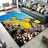 DJHWWD Waschbare Teppiche Autdoorteppich Halle Teppich Gelb Hd Meeresfisch Muster Teppich Sofa Rutsch Fest 140X200Cm Teppich Für Küche Gelb