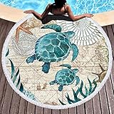 LXTOPN Rund Strandtuch, Mikrofaser Strandtuch XXL, Meeresschildkröte Badetuch groß 150cm für Stranddecke Yogamatte Handtücher mit Quasten (Blau-Schildkröte 1)