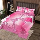 Gymnastik Tagesdecke M Größe,Rosa Glitter Pailletten Diamant Schmetterling Bettwäsche,Kinder Mädchen Frauen Gymnast Tröster Set Raum Dekor,Rose Pink Bright Vivid Quilt Set,2 Kissenbezug