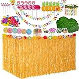 YQing 139 Stück Hawaiian Luau Grass Tischrock Set, Palmblätter, Hawaiian Blumen, Mehrfarbige Regenschirme für BBQ Garden Sommer Tiki Beach Party Dekoration