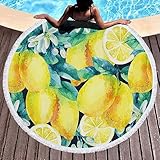 Lieson Mikrofaser Strandtuch Rund, Badetuch Strandlaken Handtuch 150x150CM Sandfreie, Schnell Trocknende Zitrone Blätter und Blumen Blau Grün Gelb Tragbares Saunatuch Badehandtuch