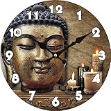 GizmoGoose Wanduhr Quarzwerk digitales leises,Buddha-Statue Kerze Muster Wanduhrrunde Uhr,Nicht tickendes Holz Wanduhr,für Küche,Wohnzimmer,Schlafzimmer,Büro,Schule,Klassenzimmer