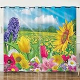 Verdunklungsvorhänge Tulpe Sonnenblume Lila Scheibengardinen Weich Vorhänge Wohnzimmer Vorhänge Schlafzimmer Vorhang Blickdicht Vorhang Schallschutz Scheibengardine Gardine 2x100x240cm