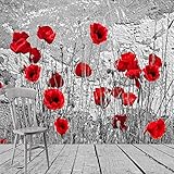 3D Wall Mural Poster Großer Aufkleber Tapete Schwarz-Weiß-Retro-Shabby-Backsteinmauer Mit Mohnblumen Wand Abziehen Und Aufkleben, Abnehmbare Wanddekoration, Druckbild, B 400 (Breite) x 280 (Höhe) cm