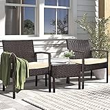 JINPALAY 3 Teilig Rattan Balkonmöbel Set Tisch und 2 Stühle Gartenmöbel Set Terrassenmöbel mit Armlehnen, Wetterfeste Möbel, für Garten, Terrasse, Balkon