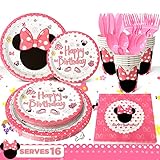 Minni Mouse Partygeschirr Geburtstag,113 pcs Minnie Mouse Geburtstagsdeko Partygeschirr Set-Minnie Mouse Geburtstag Teller Becher Servietten Tischdecke etc Minnie Mouse Party Supplies für Kinder