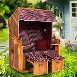 Strandkorb Ostsee XXL Volllieger 2 Sitzer - 120 cm breit & fertig montiert - Burgund rot weiß gestreift inklusive Schutzhülle, ideal für Garten und Terrasse