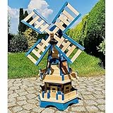 DARLUX handgefertigte Sechseck Doppelstock-Garten-Windmühle aus Holz Natur/Blau Höhe 93 cm