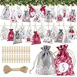 Adventskalender zum Befüllen 24 Stück Leinen Säckchen mit Holzklammer und Schnur Weihnachtskalender zum selber Basteln und Aufhängen Geschenksäckchen für Weihnachten Geschenk Kinder usw.