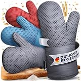 Funkenflug® Premium Ofenhandschuhe hitzebeständig [NEU] - Backhandschuhe mit Anti-Rutsch Silikonbeschichtung, extra langem Unterarmschutz & bequemer Passform - Topflappen Handschuh (Grau)