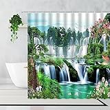 VEKETE Bambuswald Duschvorhang Sommer Wald Dschungel Wasserfall Felsen Natur Landschaft Badvorhänge Grüne Landschaft Badezimmer,5,Your Image/Foto