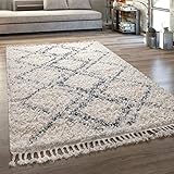 Paco Home Orient Teppich In Versch. Farben Wohnzimmer Hochflor Rauten Muster Berber Stil, Grösse:120x170 cm, Farbe:Creme
