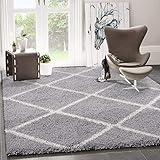 VIMODA Hochflor Teppich Wohnzimmer Shaggy Skandi Design Rautenmuster Grau Creme Robust Weich Strapazierfähig, Maße:200x280 cm