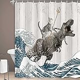 Lustiger Katzen-Duschvorhang, coole Katze, Dinosaurier, japanische Ozeanwelle, Dekorationsstoff, Badezimmervorhänge, Kinder Kinder, rustikaler Holz, Bauernhaus-Duschvorhang, 178 x 198 cm