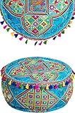 Runder Pouf Sitzpouf aus Baumwolle Bahri Blau ø 50cm Rund Mit Füllung | Sitzkissen Bodenkissen Kissen Orientalisch | Sitzpuff Hocker Sitzhocker Fusshocker bestickt als Orientalische Dekoration
