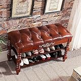 Chinesische Schuhbank aus Massivholz für den Eingangsbereich, Premium-Pu-Leder, gepolsterte Aufbewahrungsbank, rustikale dekorative Möbel, Flur, Schuhregal, Bänke-Orange 60x35x48cm