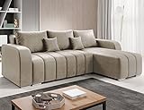 ML Furniture Ltd Velvet Ecksofa in L-Form 245 x 86 x 147 cm mit Schlaffunktion und Bettzeugbehälter - Schlafsofa mit Bettkasten - Eckcouch mit Stauraum - Rechts Couch Velours - Farbe: Creme MO2