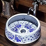 TEmkin Aufsatzwaschbecken, Kunstwaschbecken aus Keramik, Waschbecken über dem Aufsatzwaschbecken, Badezimmerbehälter, blaues und weißes Aufsatzwaschbecken-Set (1 Set) (nur Waschbecken)