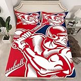 3D Baseball Spannbettlaken 200x200cm, Rot Mikrofaser Bettlaken für Kinder Erwachsene, Bettlaken Spannbetttuch 200x200cm für Matratze bis 30 cm Höhe mit 1 x Kissenbezügen 80x80 cm