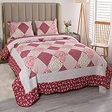 Qucover Tagesdecke Microfaser Bettüberwurf Gesteppt Steppdecke Blumen Wendedecke 3 Teilige Set Weiche Bedspreads (Rot, 230x250cm)