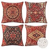 4er Wasserdicht Leinen Kissenbezug Zierkissenbezug Boho Dekorativen Kissenhüllen antikem Orientalischer Türkischer Teppich Muster Kissenzug 45 x 45 cm für draußen Bauernhaus Sofa bunt, rot