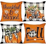 GEEORY Fall Dekorative Kissenbezüge 45,7 x 45,7 cm, 4 Stück, Kürbisse, Thankful Blessed Buffalo Plaid Fall Decor Outdoor Bauernhaus Kissenbezüge für Zuhause Couch (orange Farbe) G337-18