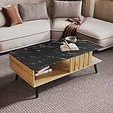 Polynices Couchtisch Sofatisch mit Strauraum Wohnzimmertisch mit 2 Ebenen,Couchtisch aus MDF mit Marmorimitatmuster，Patchwork in schwarzer Holzfarbe ， Abmessung 90 * 54 * 40cm.