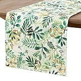 Estmy Boho grüne Pflanzenblätter Stoff Tischläufer 183 cm lang, wasserdicht modern niedlich Frühling Sommer Eukalyptus botanisch tropisches Blatt Tischläufer für Sofa Couchtisch Esszimmer Dekorationen