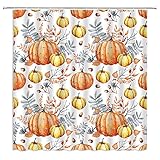 UPUMKSK Herbst Kürbis Duschvorhang Thanksgiving Ernte Herbst Vintage Aquarell Orange Gelb Kürbis mit Beeren Ahornblättern Saisonale Ernte Rustikal Landhaus Stoff Badvorhang mit Haken