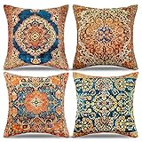 DecorMommt Teppich Kissenbezüge Stammes-Abstraktes Vintage Blau Kissen 40x40 4er Set Orientalisch Ethnisch Kissenhüllen Dekorative Kissen Für Sofa Antiquität Dekokissen Zierkissen Böhmen