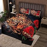 3D Leopard Tagesdecke Jungen Mädchen Rot Rose Bettüberwurf 240x260cm Kinder Dekorative Safari Gepard Drucken Steppdecke Daunendecke Wildes Tier Thema Decke Steppdecke Luxus 3St