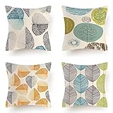 Cekog Abstrakte Blätter wasserdichte Kissenbezugen,4 Stück 55x55cm Dekorative Outdoor Kissen Wasserfest Atmungsaktiv Doppelseitige Leinen Kissenbezüge für Garten Bauernhaus Wohnzimmer Schlafzimmer