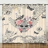 Vorhänge Schädel Pfingstrose Vogel Verdunkelungsvorhang Weich Vorhang Blickdicht Wohnzimmer Verdunklungsvorhänge Schlafzimmer Gardine Blickdicht Curtains Schallschutz Blickdichte Vorhänge 2x100x240cm