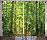 ABAKUHAUS Wald Rustikaler Gardine, Laub Wald Sommer, Schlafzimmer Kräuselband Vorhang mit Schlaufen und Haken, 280 x 175 cm, Grün Braun