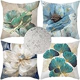 Fheeao Outdoor Wasserdicht Kissenbezug 35x35cm 4er Set Sofakissen Farbe Dekokissen Platz Blume Kissenbezüge Sofa Dekorativ Kissen Leinen Kissenhülle für Garten Auto Wohnzimmer Bett Deko Kissen Z-7437