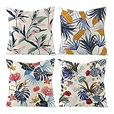 Whoiy Rote Kissenbezüge 50X50, Pillow Cover Couch Leinen Kissenbezüge 4Er Set Blattblumenpflanzen Blau Grau für Stuhl Sofa Wohnzimmer Schlafzimmer