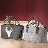 GILDE Filztasche Hirsch Glitter Grau mit Riemen Zeitung Shopping Holz Korb Tasche ca 26 x 44