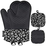 Living Nine - Topflappen Handschuh Ofenhandschuhe Set - Silikon- Hitzebeständig bis 300°C - Universalgröße - Rutschfest mit Terrytuch-Innenfutter - 4er Pack - Schwarz