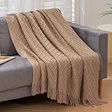 Lunarose Überwurfdecke für Couch, weiche, gemütliche Strickdecke mit Quaste, leichter dekorativer Überwurf für Sofa, Stuhl, Bett, Reisen und Wohnzimmer (50 x 60, Hellbraun)