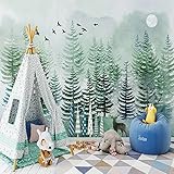 Nordischer Illustrationswald 3D Fototapete Wandbild Grün Wohnzimmer Selbstklebend Poster Vinyl Entfernbar Mauer Aufkleber Zuhause Dekor（200cm×140cm）