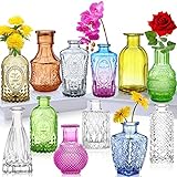 12 Stück Vasen Set Mini Vase Glas Bunte Blumenvase Glasfläschchen kleine Flasche Tischvasen Tischdeko in verschiedenen Formen Dekoration für Wohnzimmer Bad Farbig