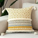 hi-home 1 Stück Boho Kissenbezug, Dekorative kissenbezüge mit Quaste Baumwolle Sofakissen 45x45cm Kissenhülle Dekokissen Kopfkissenbezug Kissen Boho Style für Sofa Schlafzimmer Wohnzimmer (Gelb)