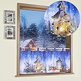 heimtexland Scheibengardine mit LED Beleuchtung Fotodruck Weihnachten 45x120 cm Weihnachtsgardine beleuchtet Bistrogardine mit Schlaufen Weihnachtslaterne ÖKOTEX Gardine Typ497