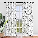 Hiseng Blumen Voile Vorhänge mit Ösen Durchsichtig Halbtransparent Ösenvorhang für Fenster Wohnzimmer Schlafzimmer Elegante Moderne Transparent Gardine 2er Set (132x182cm,Schwarz)