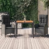 Homgoday 3-TLG. Garten Essgruppe mit Kissen Gartentisch mit Stühlen Gartenset Sitzgruppe Garnitur Essgruppe Gartengarnitur Sitzgarnitur für Balkon Garten Terrasse Schwarz Poly Rattan