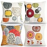 Kissenbezug 40x40 Dekokissen Sofakissen Kissen Rot Abstrakt Blumen Zierkissenbezüge Herbst Outdoor Kissenbezüge Bunt Vintage Bauernhaus Deko Leinen Werfen Kissen für Sofa Schlafzimmer, 4er Set ,16x16