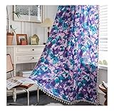 Homxi Gardinen Schlafzimmer Transparent 2er Set 2 x 150W x 260H cm,Küchengardine Transparent Lila Blumenmuster und Quasten Ösenvorhang Gardine