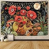 Yrendenge Wandteppich Schädel Garten Wandteppiche Hippie Mond Wandbehang Tapisserie Blume Pilz Dekor Tapisserie für Schlafzimmer Wohnheim Zimmer Dekoration 59*51 inch (150*130cm)