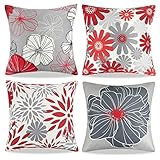 Dekokissen Sofakissen Kissenbezug 40x40 Abstrakt Rot und Graue Blumen Dekorative Kissenbezüge Modern Quadrat Leinen Kissenhülle 4er Set Kissen Bunt Sommer Zierkissen für Sofa Wohnzimmer Dekoration